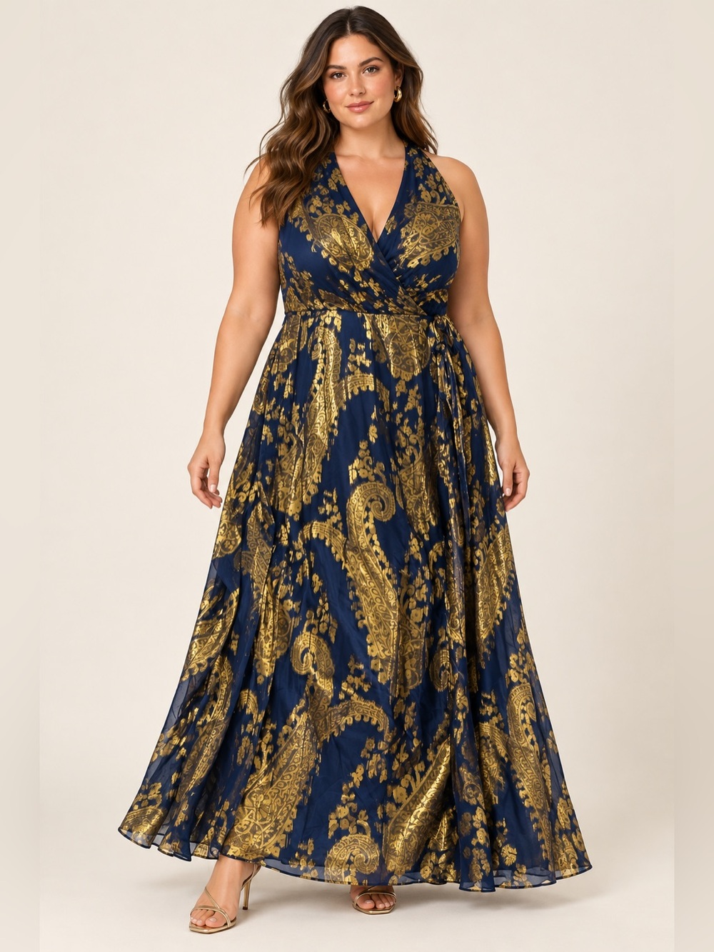 Leslie Fay Navy Gold Metallic Paisley Maxi Dress 14 Wedding Guest Formal.